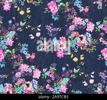 Motif transparent aquarelle à petites fleurs. Illustration aquarelle peinte à la main sur fond bleu foncé. Banque D'Images