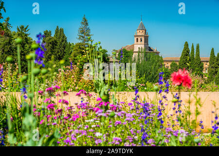 Vue fleurie avec le Palais de l'Alhambra dans le Generalife à Grenade. L'Andalousie, espagne. Banque D'Images