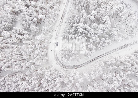Sur la voiture en hiver à travers une forêt couverte de neige. Photographie aérienne d'une route en hiver à travers une forêt couverte de neige. Col de haute montagne . Banque D'Images