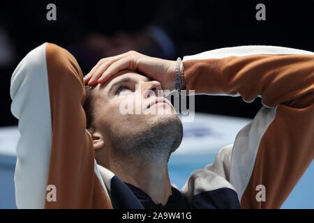 Londres, ANGLETERRE - 17 novembre : Thiem de Suisse réagit après sa défaite par Stefanos dans Tsitsipas la finale de l'ATP World Tour finale au O2 Arena le 17 novembre 2019 à Londres, en Angleterre. Photo par Paul Cunningham Banque D'Images