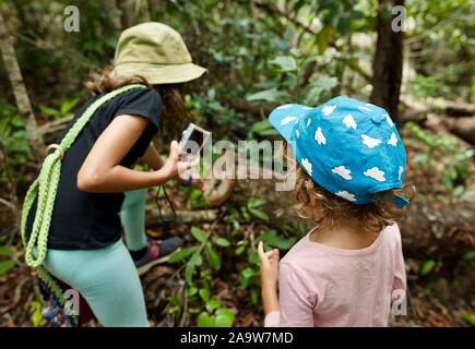 Les enfants d'âge scolaire explorer la nature, sentier de randonnée, Méliphage lookout parc national de Conway, Airlie Beach, Queensland, Australie