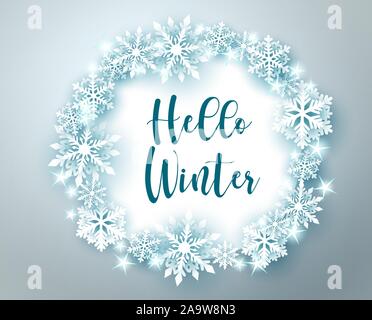 Message d'hiver dans la région de circle frame vector modèle de page. Bonjour texte d'hiver avec des flocons et étoiles et des éléments de l'espace vide pour les messages à dos blanc. Illustration de Vecteur