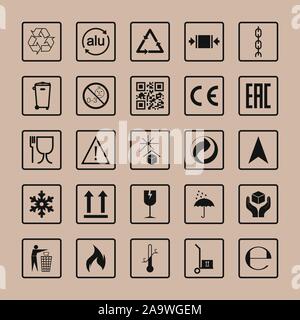 Icônes d'emballage paquet, ensemble de signes. Illustration vectorielle, modèle plat. Illustration de Vecteur