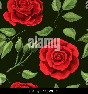 Roses rouge transparente broderie motif. Beaux boutons de roses rouges sur fond noir Illustration de Vecteur