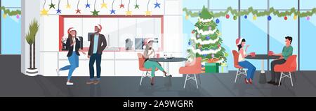 Dans businesspoeple santa hats avoir corporate mix la race des hommes d'affaires de discuter au cours de réunion moderne bureau cuisine salle à manger toute la longueur horizontale intérieure vector illustration Illustration de Vecteur