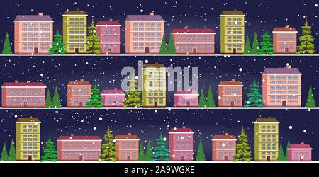 Maisons en hiver mignon jeu snowy street ville saison joyeux noël bonne année de célébration de l'affiche de la carte de vœux concept cityscape background neige illustration vectorielle horizontale Illustration de Vecteur