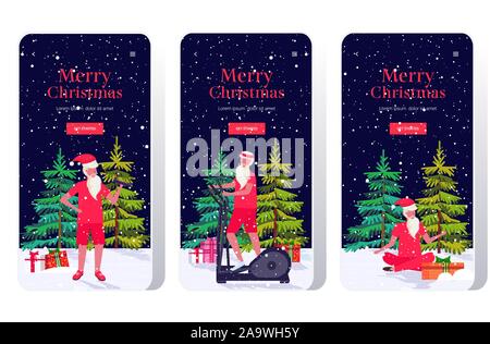 Santa Claus faire différents exercices de formation concept homme barbu d'entraînement de noël vacances du Nouvel An en ligne écrans smartphone célébration mobile app vector illustration pleine longueur Illustration de Vecteur