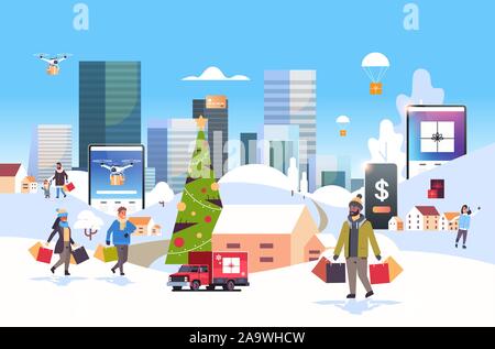 Père Noël cadeaux transportant les personnes mix with shopping bags walking outdoor prépare pour les fêtes de Noël fêtes de fin d'année hommes femmes en utilisant l'application mobile de la ville d'hiver en ligne horizontal fond vector illustration Illustration de Vecteur