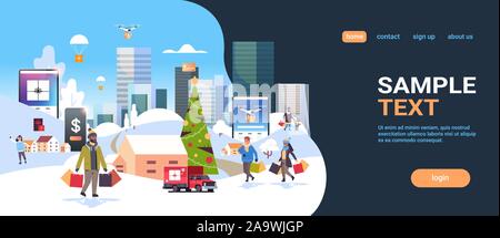 Mélanger avec les gens de la course à pied à l'aide de sacs de magasinage en ligne à l'extérieur de l'application mobile prépare pour les fêtes de Noël nouvelle année vacances d'cityscape background vector illustration copie espace horizontal Illustration de Vecteur