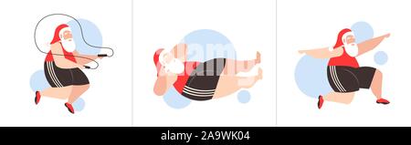 Fat santa claus faire différents exercices d'entraînement de formation de poids bearded man concept de perte de poids célébration de noël vacances du Nouvel An illustration vecteur horizontal Illustration de Vecteur