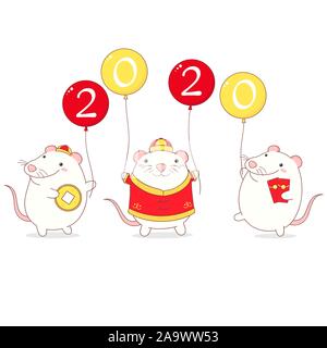 Joyeux Nouvel An chinois 2020 - année du rat. Trois rats en style kawaii cute avec des ballons. Spe8 Illustration de Vecteur