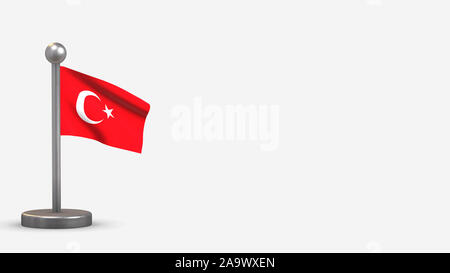 La Turquie Waving Flag 3D illustration sur un petit mât métallique. Isolé sur fond blanc avec l'espace sur le côté droit. Banque D'Images