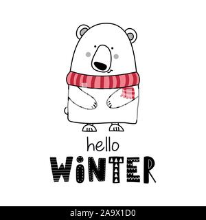 Bonjour Hiver - polar bear Cute, funny design hand drawn doodle, teddy cartoon Vector hand drawn illustration. Illustration de Vecteur