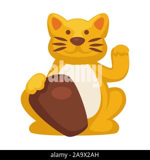 Maneki neko chat chinois, japonais icône isolées chaton or Illustration de Vecteur