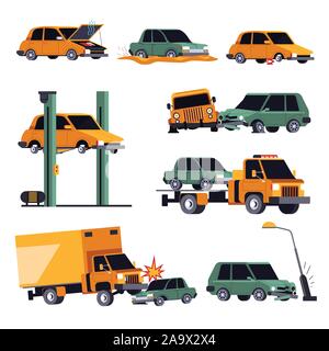 Accident de voiture ou d'un accident de la route, l'assurance véhicule icônes isolé Illustration de Vecteur