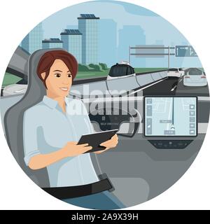 Passager assis dans le siège avec tablette numérique lors de l'autonomie en voiture conduite sur l'autoroute. Vector illustration Illustration de Vecteur