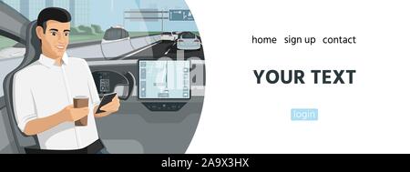 Passager assis dans le siège lors de l'autonomie en voiture conduite sur l'autoroute. Vector illustration Illustration de Vecteur