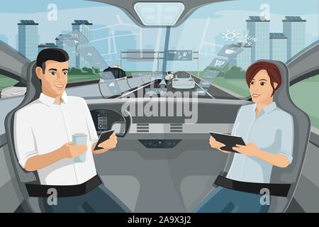 Les passagers assis dans le siège avec tablette numérique lors de l'autonomie en voiture conduite sur l'autoroute. Vector illustration Illustration de Vecteur