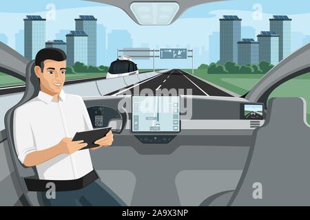 Passager assis dans le siège lors de l'autonomie en voiture conduite sur l'autoroute. Vector illustration Illustration de Vecteur