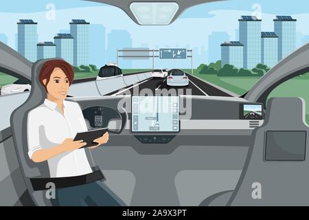 Passager assis dans le siège avec tablette numérique lors de l'autonomie en voiture conduite sur l'autoroute. Vector illustration Illustration de Vecteur