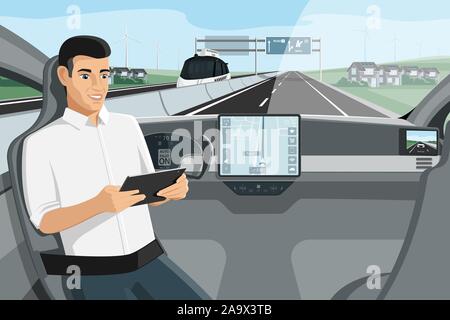 Passager assis dans le siège lors de l'autonomie en voiture conduite sur l'autoroute. Vector illustration Illustration de Vecteur