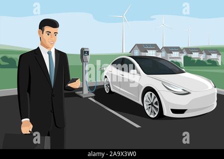 Les frais de l'homme une voiture électrique à une station de charge sur un arrière-plan de l'éco city en utilisant l'énergie renouvelable. Illustration vecteur EPS 10 Illustration de Vecteur