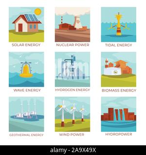 Sources d'énergie, les centrales électriques et les ressources naturelles icônes isolé Illustration de Vecteur