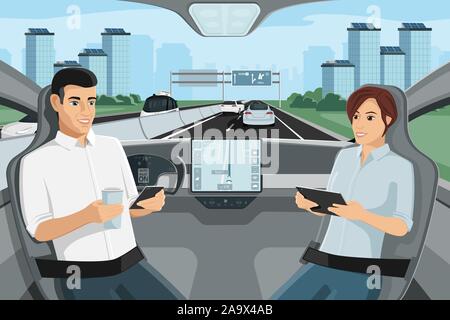 Les passagers assis dans le siège avec tablette numérique lors de l'autonomie en voiture conduite sur l'autoroute. Vector illustration Illustration de Vecteur