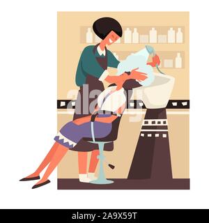 Coiffure laver les cheveux à la fille client en instituts de beauté Illustration de Vecteur