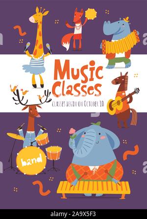 Cours de musique vecteur publicité flyer ou d'affiche avec la conception d'instruments de musique à jouer animaux Illustration de Vecteur