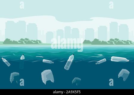 Les bouteilles en plastique dans la mer. La pollution de l'océan mondial par les déchets plastiques. Vector illustration Illustration de Vecteur