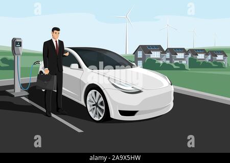 Les frais de l'homme une voiture électrique à une station de charge sur un arrière-plan de l'éco city en utilisant l'énergie renouvelable. Illustration vecteur EPS 10 Illustration de Vecteur