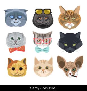 Visages de chats portant des lunettes et d'arcs ou de fumer cigarette icônes isolé Illustration de Vecteur