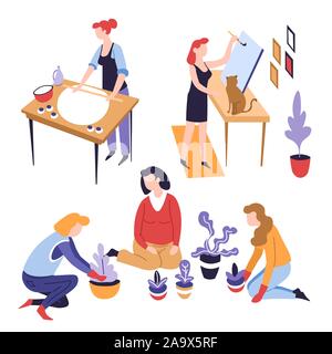 Passe-temps des femmes, activité de loisirs, la plantation et la cuisson ou la peinture Illustration de Vecteur