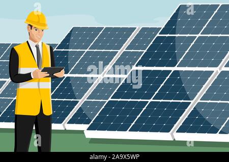 Avec l'ordinateur tablette ingénieur sur un arrière-plan de l'énergie solaire et éolienne. Vector illustration Illustration de Vecteur