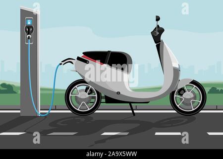 Scooter électrique pour partager avec station de charge sur une rue de la ville Illustration de Vecteur