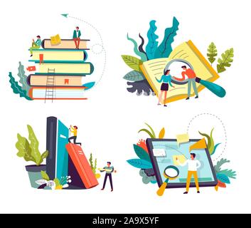 Service de bibliothèque en ligne, et des tas de livres ou tablette pad, icônes isolé Illustration de Vecteur