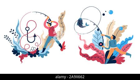 Sport et loisirs pêche, les pêcheurs pêchent avec Rod Illustration de Vecteur