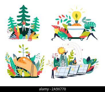 L'écologie et l'environnement, les panneaux solaires et la plantation d'arbres, d'icônes isolé Illustration de Vecteur