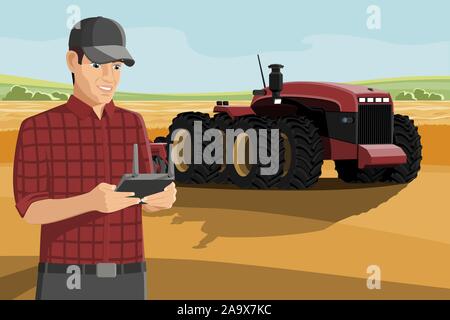 Contrôles des agriculteurs autonomes un tracteur sur une ferme à puce. Illustration vecteur EPS10 Illustration de Vecteur