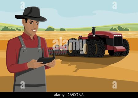 Contrôles des agriculteurs autonomes un tracteur sur une ferme à puce. Illustration vecteur EPS10 Illustration de Vecteur