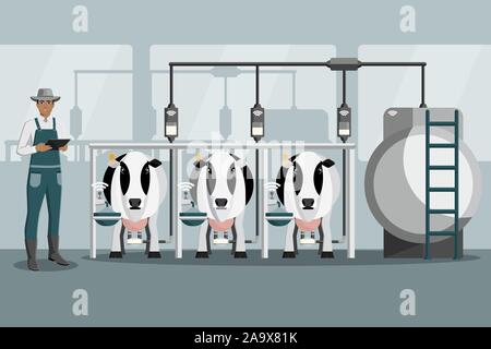L'Afrique de l'agriculteur américain moderne avec tablette sur une ferme laitière. La traite automatisée et intelligente de l'agriculture. Illustration vecteur EPS 10 Illustration de Vecteur