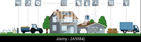 Connexion réseau dans la production agricole, de transformation et de centre de logistique pour la culture de légumes, de l'utilisation des énergies renouvelables et de la technologie numérique. S Illustration de Vecteur
