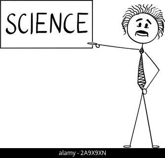 Vector cartoon stick figure dessin illustration conceptuelle du scientifique Albert Einstein pointant à science texte sur le signe. Illustration de Vecteur