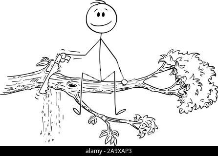 Vector cartoon stick figure dessin illustration conceptuelle de l'homme ou homme de l'arbre de scie coupe branche sur laquelle il est assis. Illustration de Vecteur