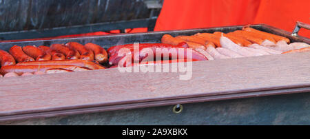 Différents types de grandes saucisses sur une grille de cuisson. Banque D'Images