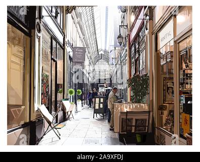 Arcade couverte à Paris - vector illustration (idéal pour l'impression sur tissu ou papier, affiche ou papier peint, décoration maison) toutes les annonces sont fictifs. Illustration de Vecteur