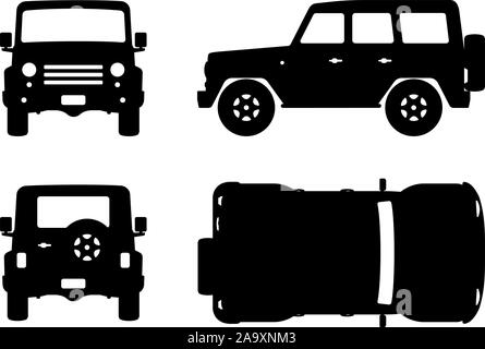 Camion hors route silhouette sur fond blanc. Icônes de véhicule set voir d'un côté, avant, arrière, et top Illustration de Vecteur