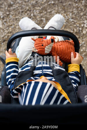 Caucasian baby sitting dans une poussette et tenant une peluche. Banque D'Images