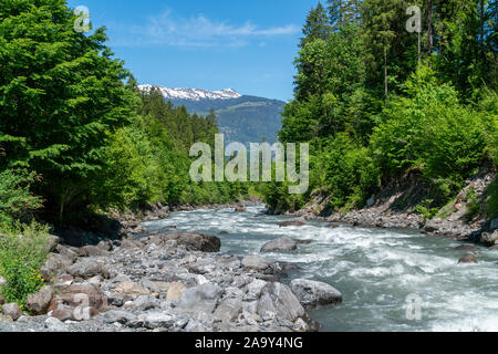 Beau paysage avec un ice blue rivière entourée d'arbres verts sur une journée ensoleillée en Suisse Banque D'Images